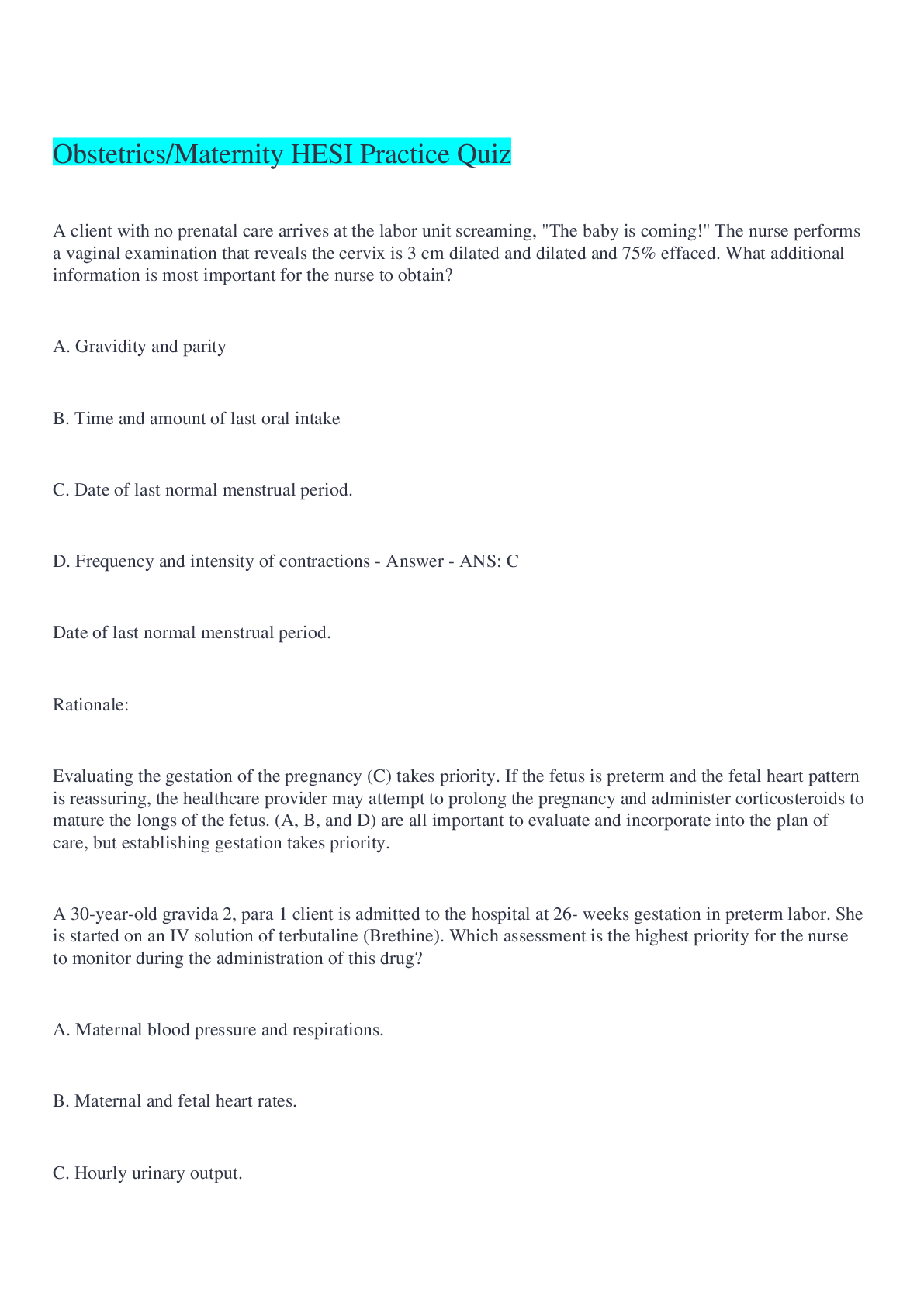 Preview of Obstetrics/Maternity HESI Practice Questions And Answers 2022/2023